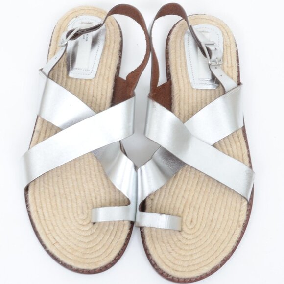 H&M Premium Silver Leather Women's 8 Toe Post Flat Jute Sole Sandals Boho Hippie - Picture 2 of 8
